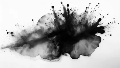 Fotobehang black ink watercolor flow blot with drops splash abstract texture color stain on white background © Enzo