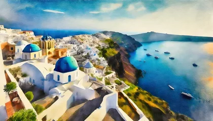 Fotobehang aerial watercolor painting of santorini greece a scenic cultural destination © Enzo