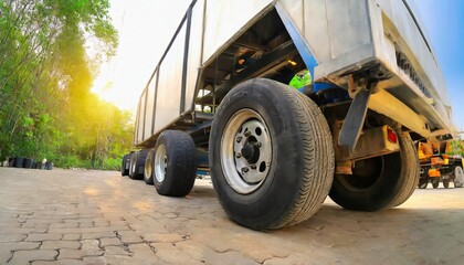 a big truck wheels and tires truck spare wheels tyre waiting for to change trailer maintenace and repairing