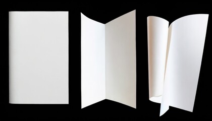 three sheets of paper with folds isolated on a black background