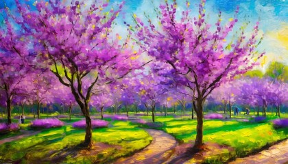 beautiful spring landscape with blooming purple trees in the garden square oil painting impasto...