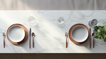 Top view of marble dinning table with white ceramic plates on placemat,