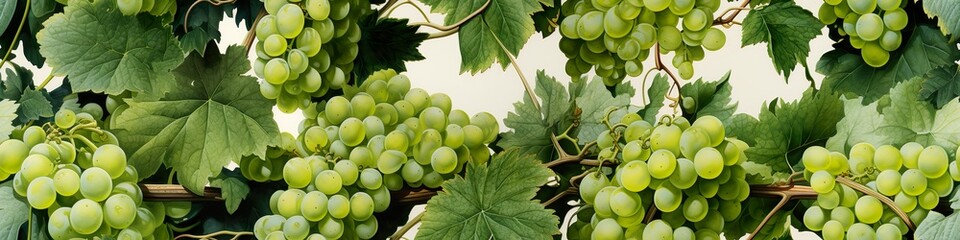 green grapes vine, seamless border pattern, artistic watercolor illustration for wine shop web banner, printable for cards, poster or gift wrapping paper