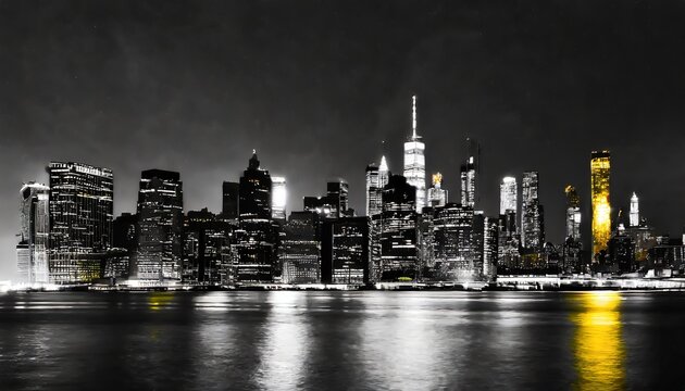 yellow lights of the new york city skyline shining against a black and white cityscape in manhattan nyc