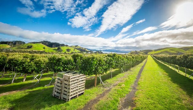 kiwifruit farm with hedge and crates te puke bay of plenty north island new zealand