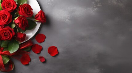  Valentine's day dining table concept. Plate with gift box, utensil, bottle of wine 