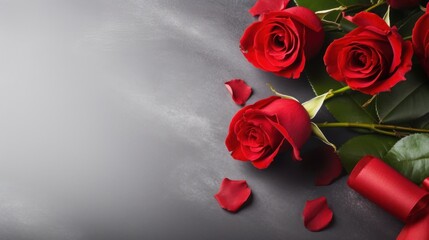 Valentine's day dinner with red roses, romantic gift and red roses on gray background.