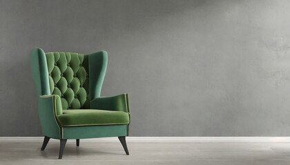 close up high back green velvet armchair with gray painted wall in the background interior concept empty space for advertising