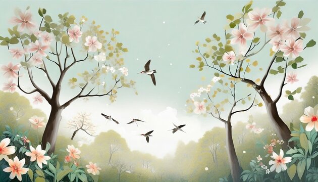 drawn trees with flowers leaves and birds floral background design for wallpaper mural photo wallpaper card poster invitation home decor