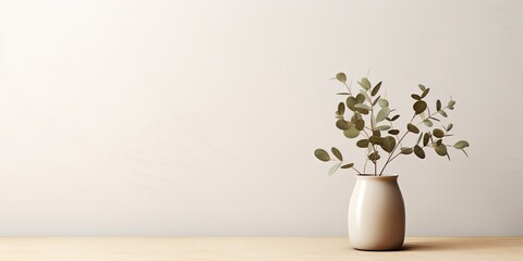 Minimalistic Scandinavian interior with a eucalyptus branch in a stylish ceramic vase on a table, with blank space for text on the wall, against a Nordic beige background.
