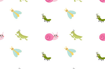 Seamless pattern with cute animals insects of spring. Grasshoper, snail, ant, fly. Minimalistic design. 
