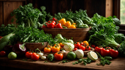 close-up of vegetables peppers, tomatoes, eggplants, onions, zucchini, garlic, zucchini, pathesson, AI generated