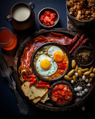 Traditional Spanish , Spain, breakfast, food, meal,  cooking, restaurant, delicious, cuisine, grill, plate, gourmet, eggs, sousace, bacon, meat, pork, grilled, fried, sauce, cooked, mobile format 4:5