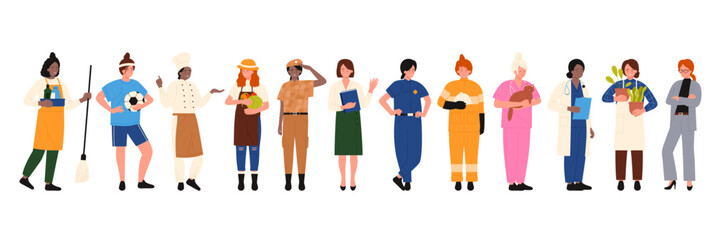 Women of different professions set vector illustration. Cartoon isolated collection of international female workers in uniform, hospital or police staff, cleaning service, professional business lady - obrazy, fototapety, plakaty