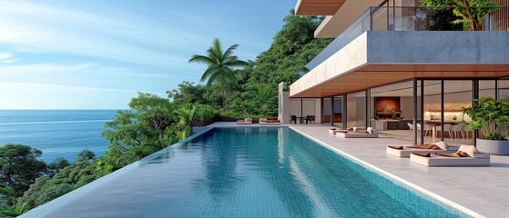 Fototapeta premium Modern home with a terrace and a lap pool that faces the ocean .