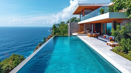 Modern home with a terrace and a lap pool that faces the ocean .