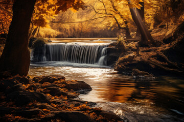Beautiful autumn landscape with yellow trees and water