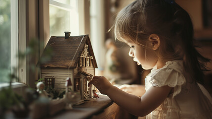 Adorable little girl curious and looking at an old doll house, lost in her thoughts and dreams - obrazy, fototapety, plakaty