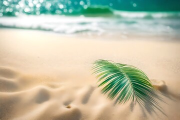 Fototapeta na wymiar idyllic tropical sand beach scene with blue water wave and blurry green palm leaves 