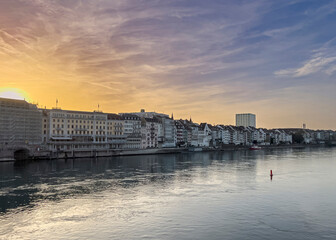 View of northwest bank of the Rhine River from Mittlere Brücke in Basel, Switzerland.