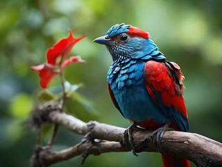 blue and red colorful bird sitting on branch Ultra High quality photo