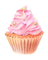 Watercolor Food illustration of Cupcake with golden candies