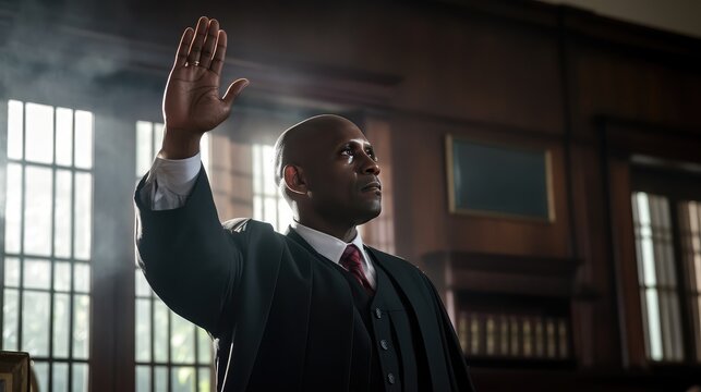 This photograph captures a crucial moment as an African American man takes an oath, pledging his allegiance to the court and the pursuit of justice.
