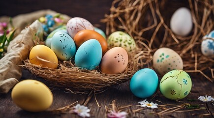Fototapeta na wymiar easter eggs in a basket, easter eggs in a nest, easter eggs in the grass, colored easter eggs, happy easter scene