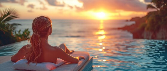 Dressed woman lounging on terrace with a sunset view of the water .