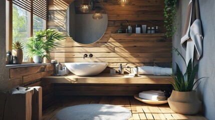 Modern Scandinavian Bathroom Interior with Wall-Mounted Wooden Vanity and Ceramic Vessel Sink