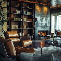 Mid-Century Modern Living Room with Brown Leather Chairs, Grey Sofa, and Fireplace
