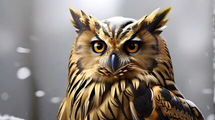 Owl in a snowy forest. 3D illustration. Snowfall.