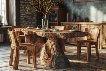 Crafted Wood: Rustic Dining Room Furniture Set in Modern Living Space
