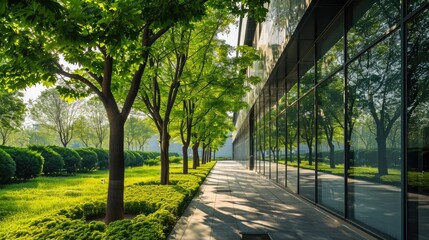 Modern Industrial Building and Spring Landscape with Green Tree in Exterior Environment