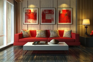 Modern Living Room with Red Sofa 3D Rendering in Minimalist Design