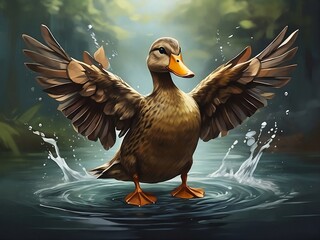 A duck flaps its wings in the water. Painting. Generative AI