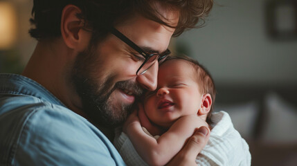 A caring and proud father holds his baby in his arms, providing the tender love and support every child needs - obrazy, fototapety, plakaty