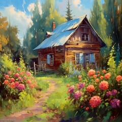 Oil painting on canvas, summer landscape
