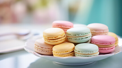 Obraz premium colorful macaroons on a table dessert, macaroon, macaron, food, cake, sweet, french, colorful, macaroons, biscuit, pink, cookie, delicious, snack, macarons, white, france, green, assortment, cookies