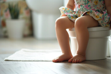 Obraz na płótnie Canvas Child's legs hanging down from a potty in a bathroom. Training a toddler to use a toilet. Potty training, hygiene, childhood milestones.