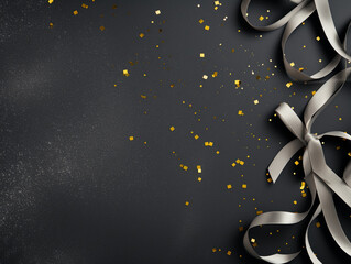 Dark grey background with confetti and platinum ribbons on the corner. Copy space setting.
