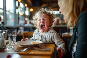 Toddler having a temper tantrum in a restaurant or cafe. Sad child screaming in anger in public. Kid misbehaving crying loudly. - obrazy, fototapety, plakaty
