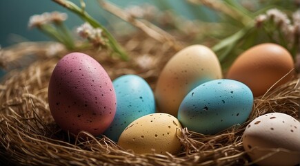 Naklejka na ściany i meble easter eggs in a basket, easter eggs in a nest, easter eggs in the grass, colored easter eggs, happy easter scene