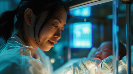 A mother is overjoyed to see her newborn baby in an incubator in a hospital - obrazy, fototapety, plakaty