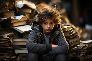 Sad tired boy sitting and looking in to books and notebooks, close-up. Education, school, learning difficulties, dyslexia concept - obrazy, fototapety, plakaty