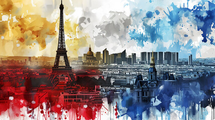 A vibrant painting capturing the iconic Eiffel Tower and the sights of Paris with colours of the French flag