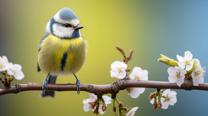 close-up of a blue tit sitting on a branche with fresh blossoms. bird perched on a branch in spring - obrazy, fototapety, plakaty