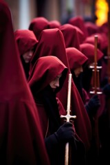 Fototapeta premium Holy Week , group of penitents holding a cross dresses with vivid colors 