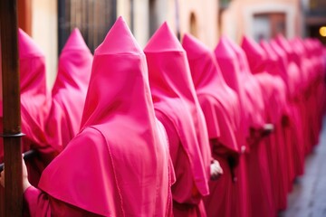 Holy Week , group of penitents holding a cross dresses  with vivid colors
