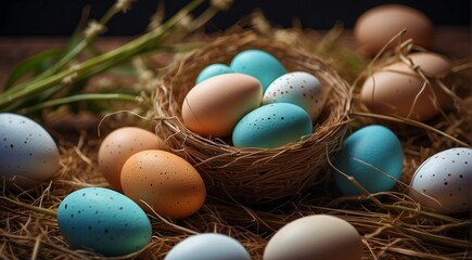 Naklejka na ściany i meble easter eggs in a basket, easter eggs in a nest, easter eggs in the grass, colored easter eggs, happy easter scene